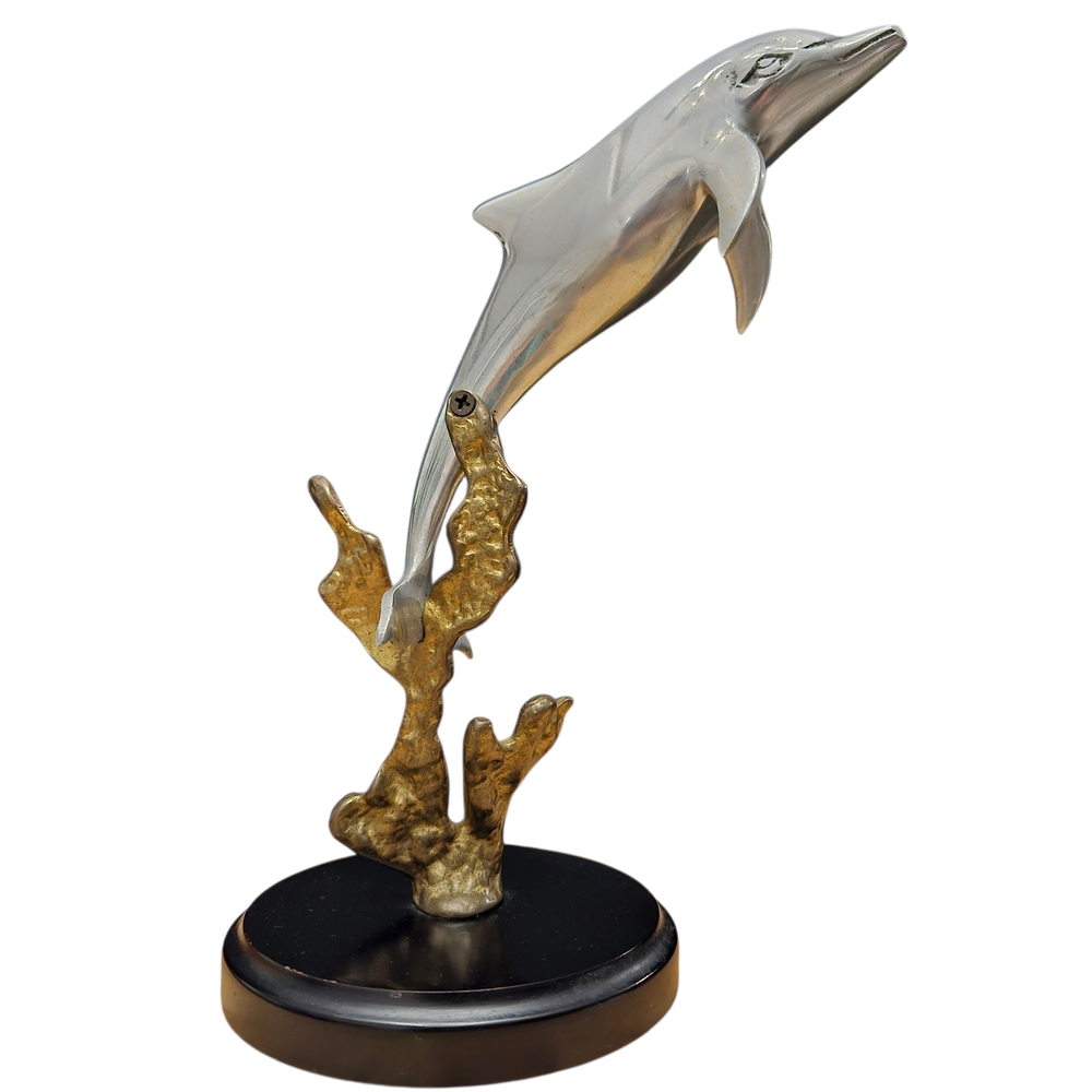 Vintage Silver Dolphin Sculpture on Coral Base by San Pacific Intl. Coastal